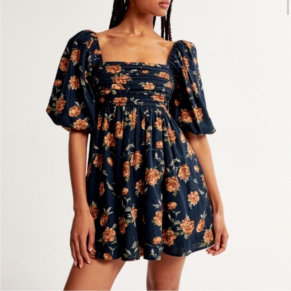 Abercrombie Emerson Floral Puff-Sleeve Mini Dress - Navy with Rust Flowers NWT